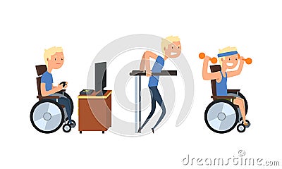 Blond Man with Disability in Wheelchair Playing Computer Game and Lifting Dumbbell Vector Set Vector Illustration