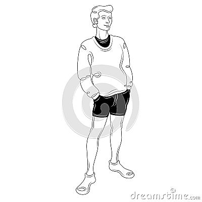 Blond man in a fashionable sweater. Black hipster shorts. Cartoon Illustration