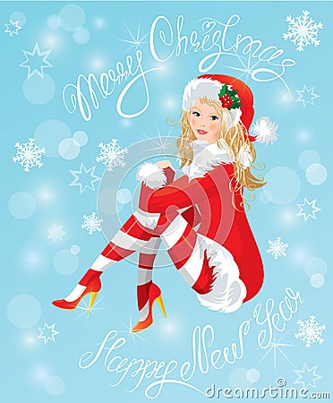 Blond Pin Up Christmas Girl wearing Santa Claus suit Vector Illustration