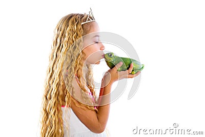 Blond princess girl kissing a frog green toad Stock Photo