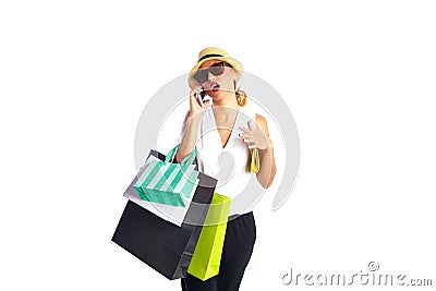 Blond shopaholic woman bags and smartphone Stock Photo