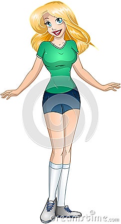 Blond Teenage Girl In TShirt And Short Pants Vector Illustration