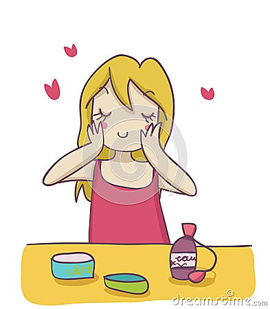 A blond woman applying moisturizer cream on her fa Cartoon Illustration