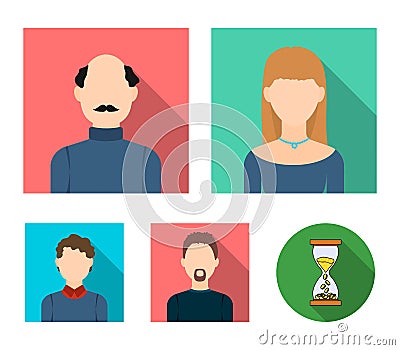 Blond woman, curly-haired teenager, bald man with a mustache, a man with a beard.Avatar set collection icons in flat Vector Illustration