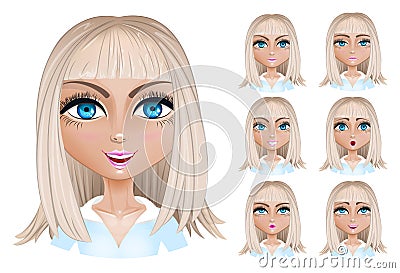 Blond woman with different facial expressions. Vector Illustration