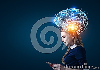 Blond woman with phone and brain hologram Stock Photo