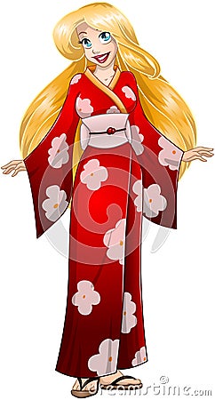 Blond Woman In Red Kimono Vector Illustration