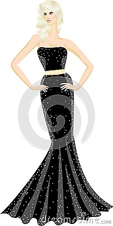 Blond woman in shiny evening maxi dress Vector Illustration