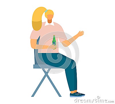 Blond woman sitting holding beer bottle, talking, casual clothing. Socializing adult in relaxed posture, drinking Vector Illustration