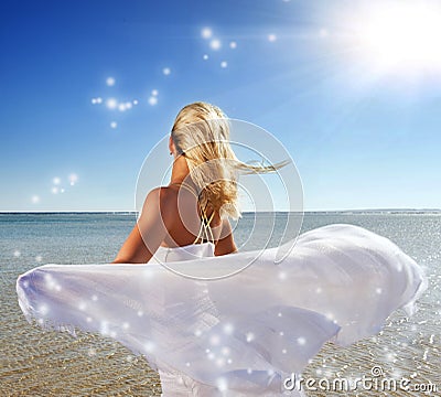 Blond woman with white shawl Stock Photo