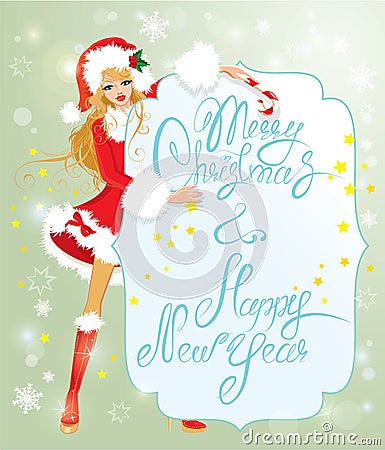 Blond xmas Girl wearing Santa Claus suit staying Vector Illustration