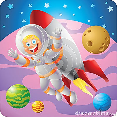 Blonde Astronaut boy rocket backpack flying in outer space Vector Illustration