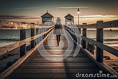 Blonde Beauty on a Serene Seaside Stroll: A Captivating Sunset Escape, ai generative Stock Photo