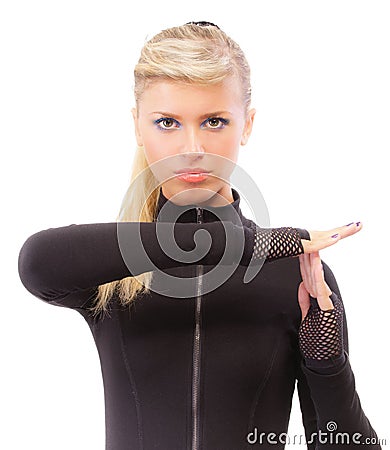 Blonde in black clothes blindly Stock Photo
