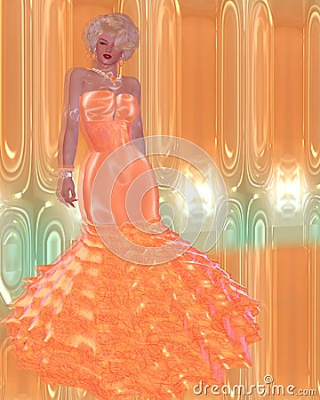 Blonde bombshell in a peach evening gown against a matching abstract background with glowing lights. Stock Photo