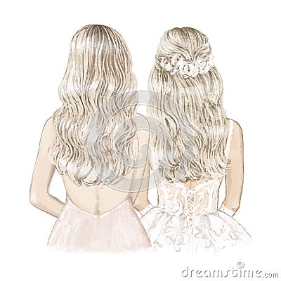 Blonde Bride and Bridesmaid. Hand drawn Illustration Vector Illustration