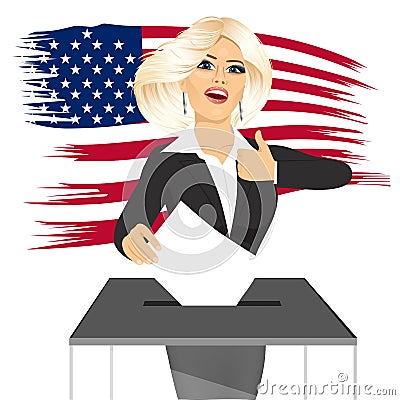 Blonde businesswoman putting ballot in vote box Vector Illustration