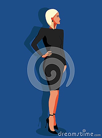 Blonde businesswoman. A self-sufficient strong blonde woman in a white dress and shoes. Stock Photo