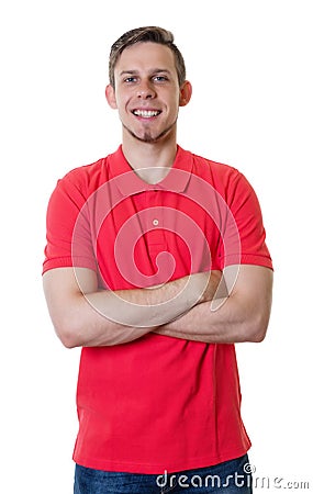 Blonde caucasian guy with red shirt and crossed arms Stock Photo