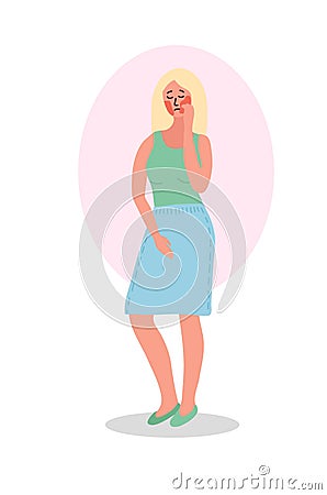 Blonde caucasian woman combs her face with hand. Sad and tired expression. The girl suffers from itching and flaking of the skin. Cartoon Illustration