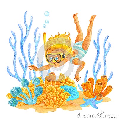 Child girl diving in coral reef. Isolated seabed in blue and yellow colors for travel poster, diving banner, t shirts Cartoon Illustration