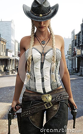 Blonde cowgirl walking the streets of a western town armed with two revolvers. Stock Photo