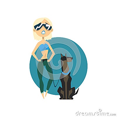 Blonde fashionable girl walking with dog vector Illustration on a white background Vector Illustration