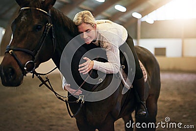 Female sitting astride and hugging black horse Stock Photo