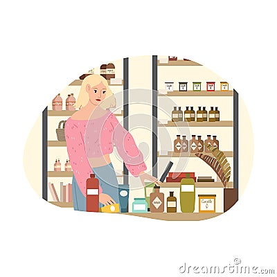 Blonde girl choosing bodycare and home cosmetics in cosmetics store Vector Illustration