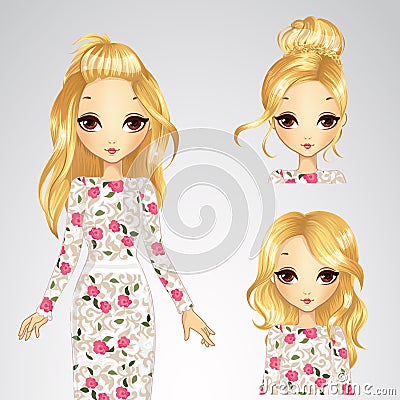 Blonde Girl And Collection Of Different Hairstyle Vector Illustration