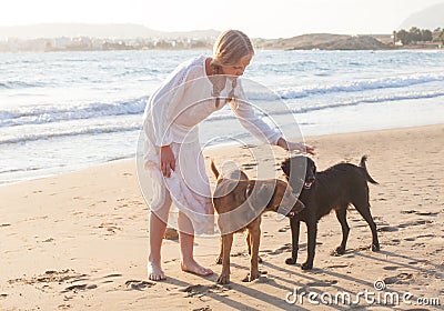 Blonde girl with a dogs playing in the morning on the beach Stock Photo