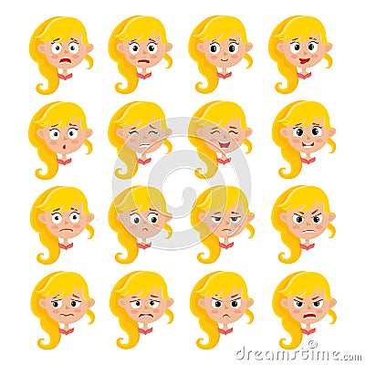 Blonde girl face expression, cartoon vector set isolated on white Vector Illustration