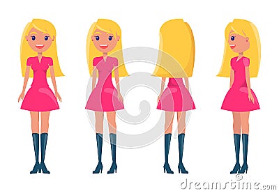 Blonde Girl Feminine Dress and High Heeled Boots Vector Illustration