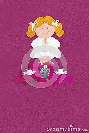 Blonde girl First Communion greeting card Stock Photo