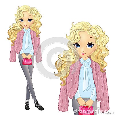 Blonde Girl In Fur And Jeens Vector Illustration