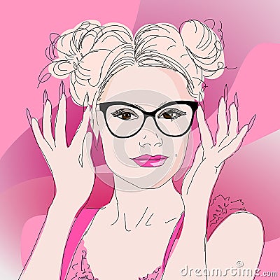 Blonde girl with glasses with pink lipstick and long nails, portrait, vector drawing Vector Illustration