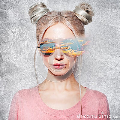 Blonde girl with hair buns, wearing sunglasses. Contemporary artwork collage Stock Photo