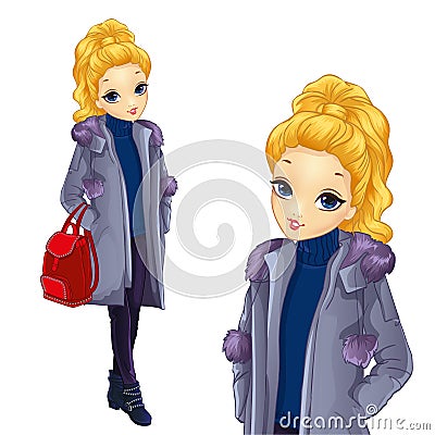 Blonde Girl In Long Coat Vector Illustration