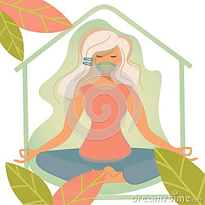 Woman in a pandemic in a protective mask meditates at home. A blonde girl in a lotus position is engaged in yoga on a Vector Illustration