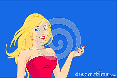 Blonde girl in a red dress shows her hand Vector Illustration