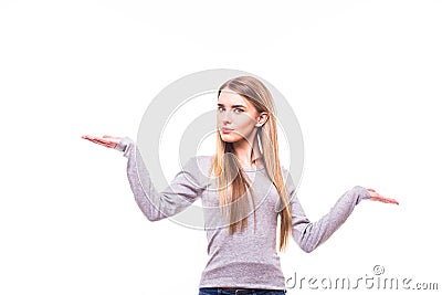 blonde girl with rised hands on white background Stock Photo