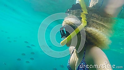 Blonde girl snorkelling amongst fish Stock Photo