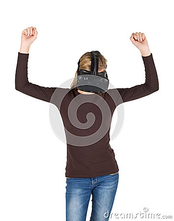 Blonde girl using VR - virtual reality headset Stock Photo