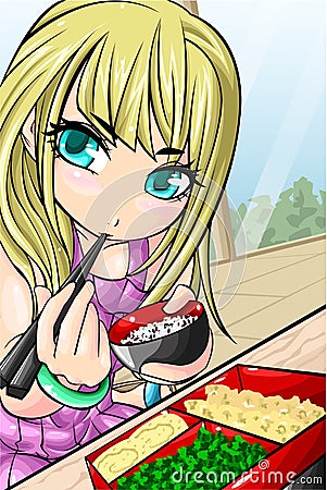 Blonde hair girl with bento and chopsticks Vector Illustration