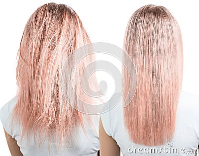Blonde hair before and after treatment. Stock Photo