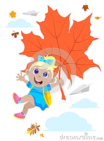 Blonde happy girl flying on a maple leaf by the beginning of the school year Vector Illustration