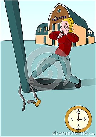 Blonde lady discover bike stolen 3 o'clock Stock Photo