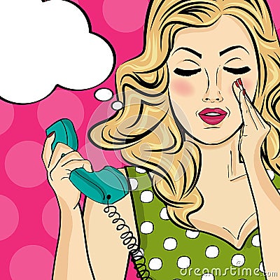 Blonde lady gossip at retro phone Vector Illustration