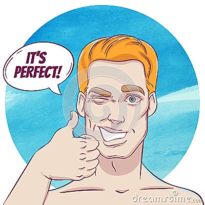 The blonde man smiles and shows the thumb up Vector Illustration