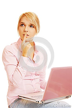 Blonde with pink laptop Stock Photo